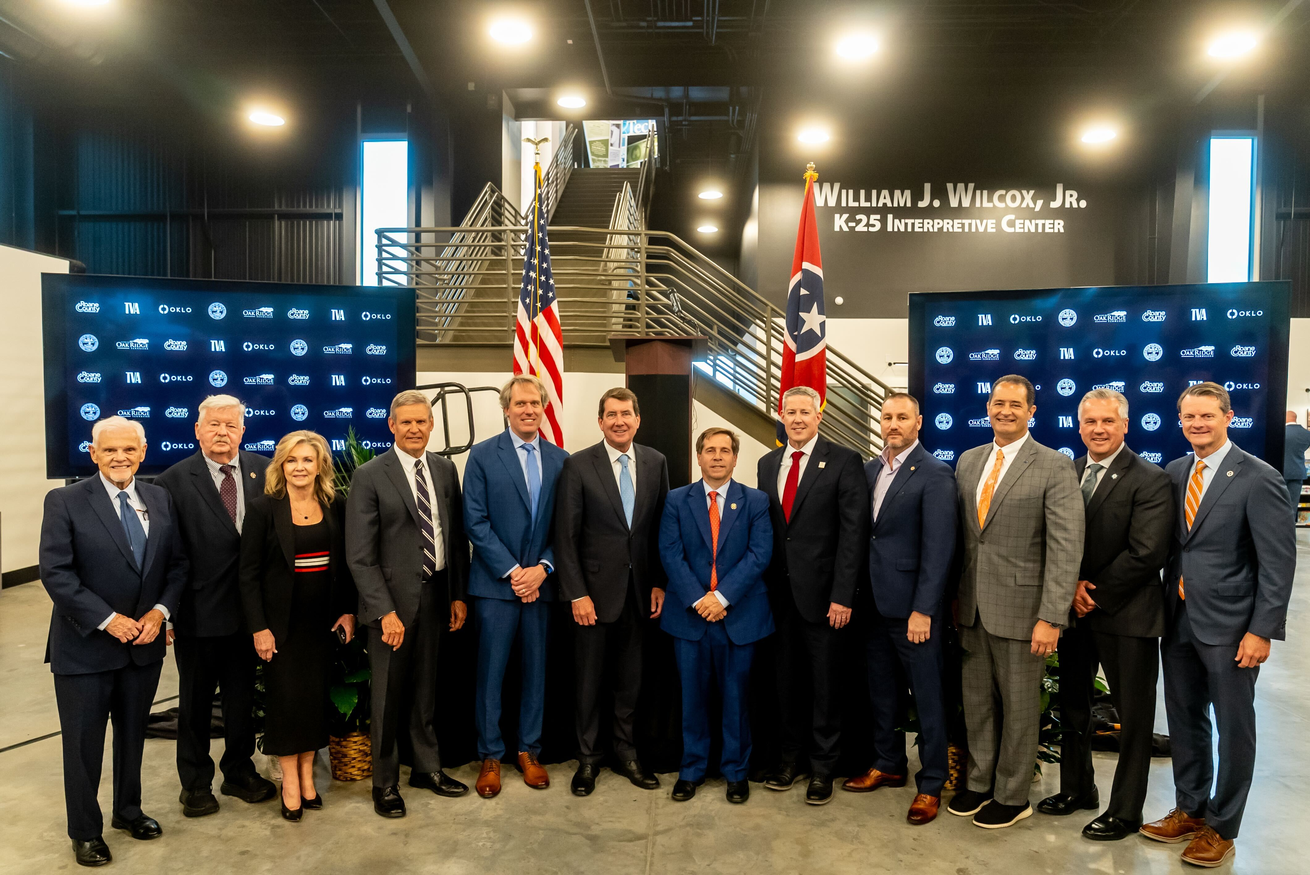 Oklo CEO and Co-founder Jacob DeWitte at the announcement of Oklo’s planned advanced nuclear fuel center in Oak Ridge, Tennessee with the Governor of Tennessee Bill Lee, the Commissioner of the Department of Economic and Community Development Stuart C. McWhorter, United States Senators from Tennessee Marsha Blackburn and Bill Hagerty, Nuclear Regulatory Commission Commissioner Bradley Crowell, and Member of the U.S. House of Representatives from Tennessee's 3rd district Chuck Fleischmann. (Image: Oklo)