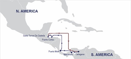 LAF: Cartagena (COCRT) – Manzanilo (PAMIT) – Moin (CROIU) – Puerto Cortes (HNPTZ) – Santo Tomas (GTSTC) – Cartagena (COCRT)