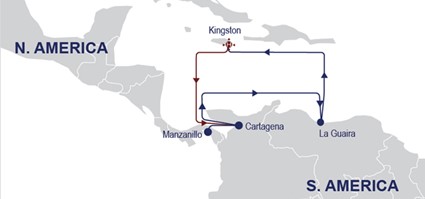VEX: Manzanilo (PAMIT) – Cartagena (COCRT) – La Guaira (VELGA) – Kingston (JMKST) – Manzanilo (PAMIT)