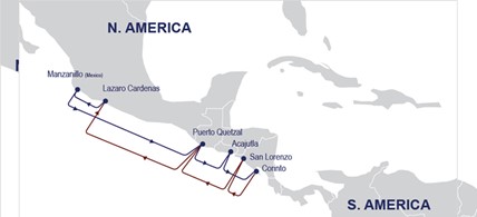 WCA: Lazaro Cardenas (MXLCD) – Manzanilo (MXMZL) – Puerto Quetzal (GTJQZ) – Acajutla (SVACJ) – Corinto (NICOR) – San Lorenzo (HNSLO) – Puerto Quetzal (GTJQZ) – Lazaro Cardenas (MXLCD)
