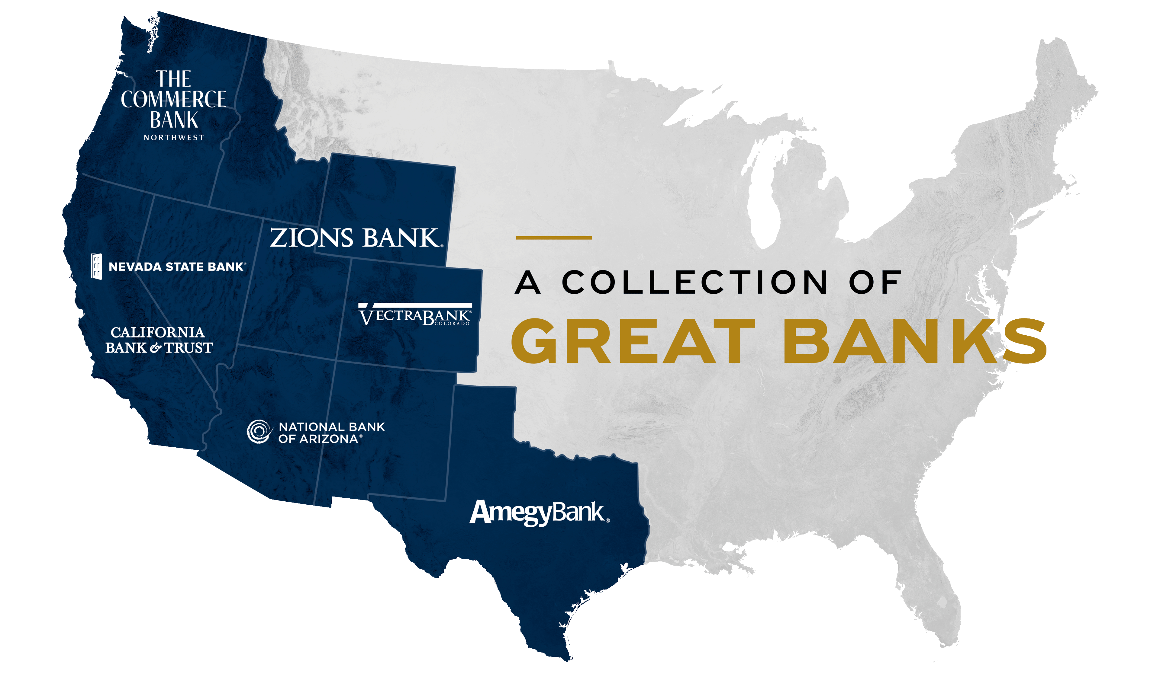 Map of the United States with Zions Bancorporation's affiliate bank logos on the appropriate states.