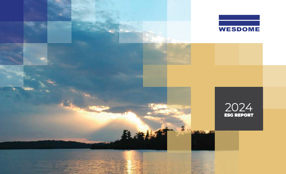 Wesdome employees wearing safety gear standing outside mill, with text “Growing Responsibly ESG Report 2020