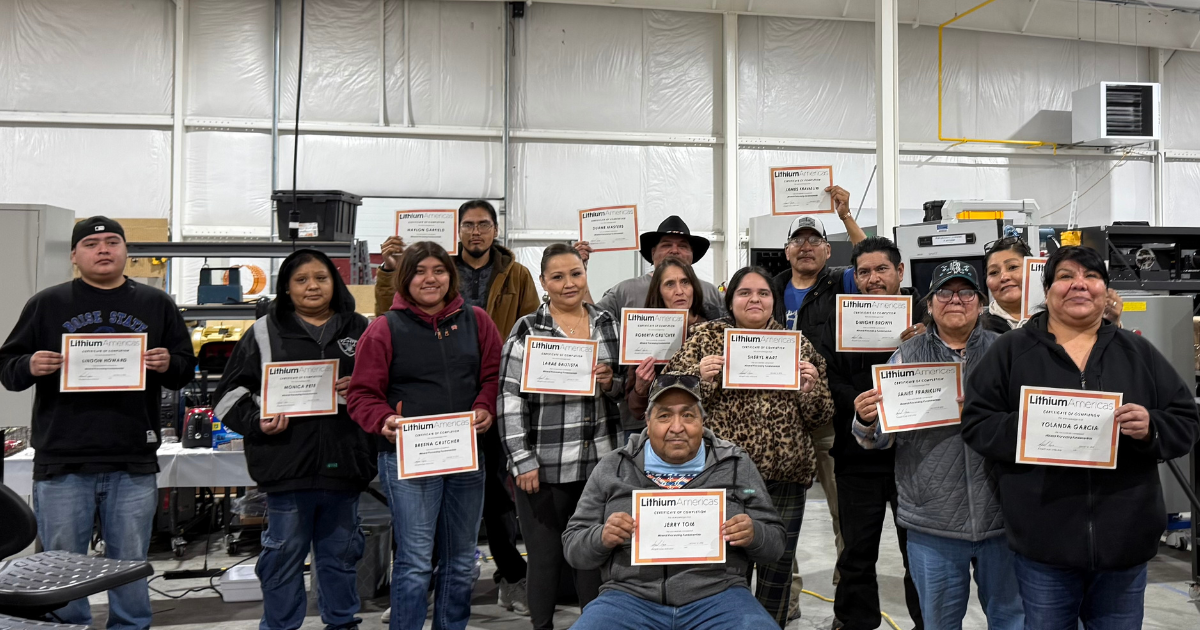 Members of the Fort McDermitt Paiute Shoshone Tribe are pictured with their Process Plant Fundamentals Training course certificates at Great Basin College in Winnemucca. Lithium Americas is proud to invest in local workforce development as we advance Thacker Pass.  