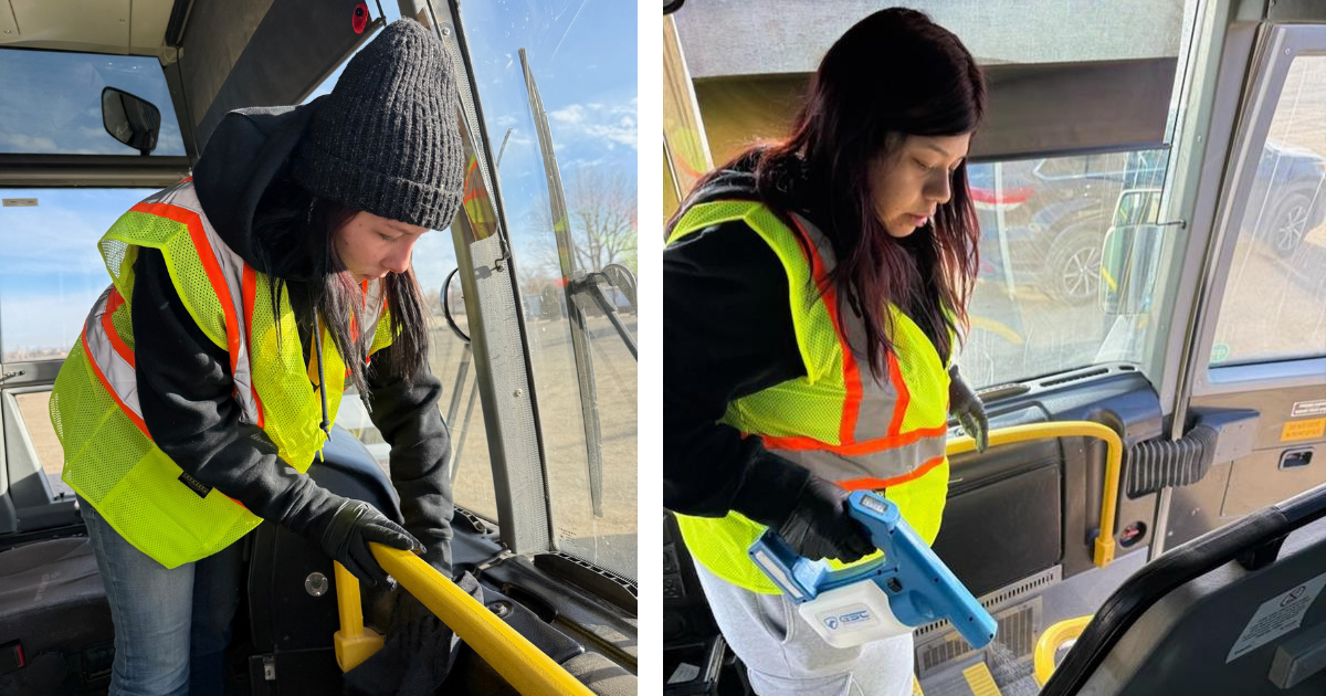 Diversified Transportation and Hines cleaning crews sanitize a motorcoach bus using an electrostatic sprayer and Vital Oxide, a disinfectant used internationally since the SARS outbreak.