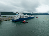 The LNG Tanker Gaslog Glasgow pulls out of Kitimat, British Columbia, Canada, in route to Asia to deliver the first cargo shipment from the newly-constructed LNG Canada facility.